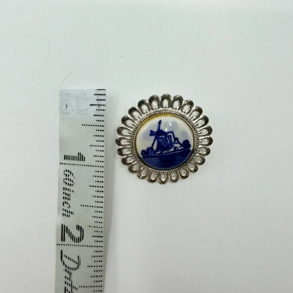 Blue White Delft Style Windmill Cabochon Silver Tone Brooch Pin Dutch Art Gift